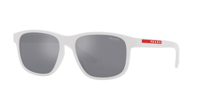 Occhiali da sole Prada Linea Rossa PS 06YS (TWK40A) colore bianco effetto gommato forma quadrato lenti azzurro specchiato argento