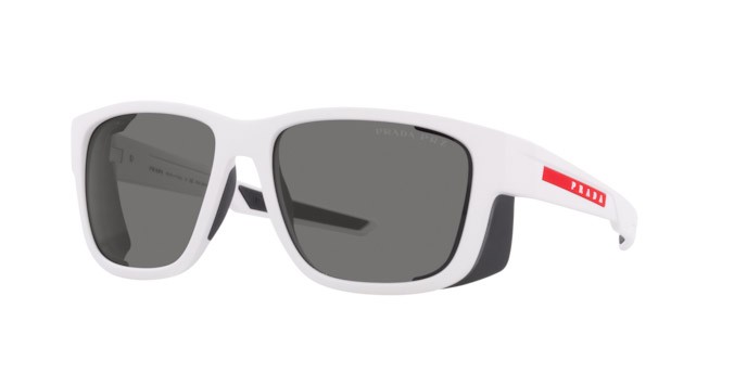 Occhiali da sole Prada Linea Rossa PS 07WS (TWK02G) colore white rubber forma quadrato lenti polar dark grey