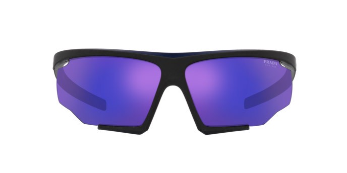 Occhiali da sole Prada Linea Rossa PS 07YS (13K05U) colore nero/rosso effetto gommato forma irregolare lenti blu specchiato