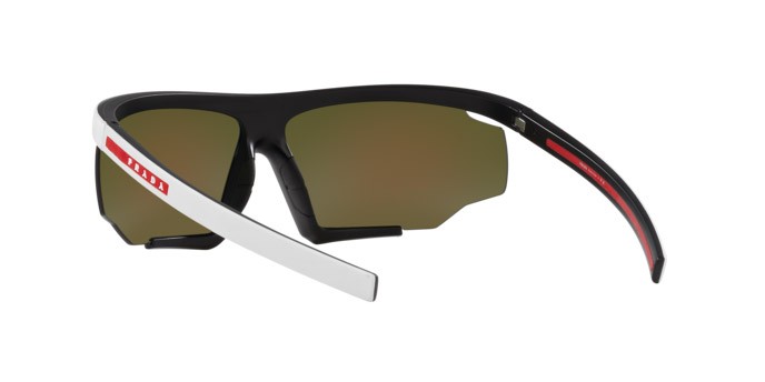 Occhiali da sole Prada Linea Rossa PS 07YS (15K08R) colore white/black rubber forma irregolare lenti blu specchiato
