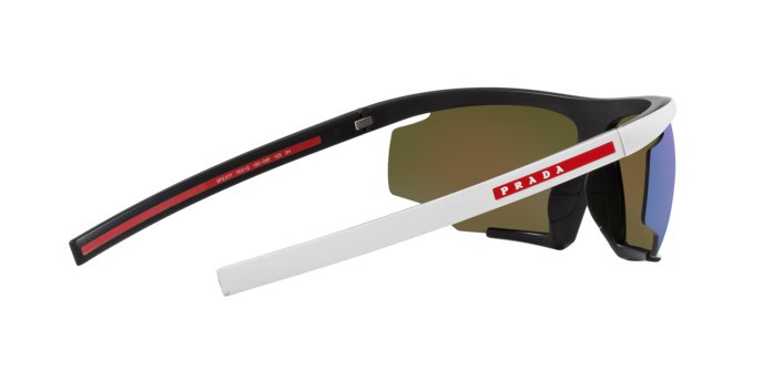 Occhiali da sole Prada Linea Rossa PS 07YS (15K08R) colore white/black rubber forma irregolare lenti blu specchiato