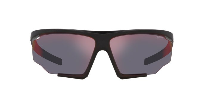Occhiali da sole Prada Linea Rossa PS 07YS (DG010A) colore nero effetto gommato forma irregolare lenti arancione a specchio