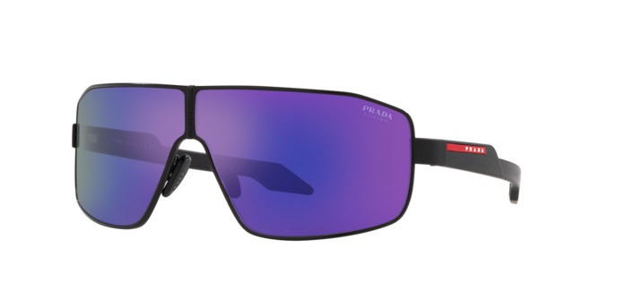 Sonnenbrillen Prada Linea Rossa PS 54YS (1BO05U) farbe nero opaco form unregelmäßig gläser dark blue violet mirror