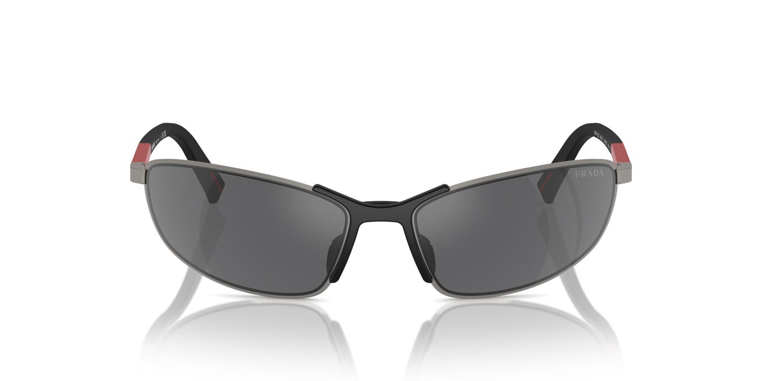 Occhiali da sole Prada Linea Rossa PS 55ZS (5AV07G) colore gunmetal forma irregolare lenti grigio nero specchiato