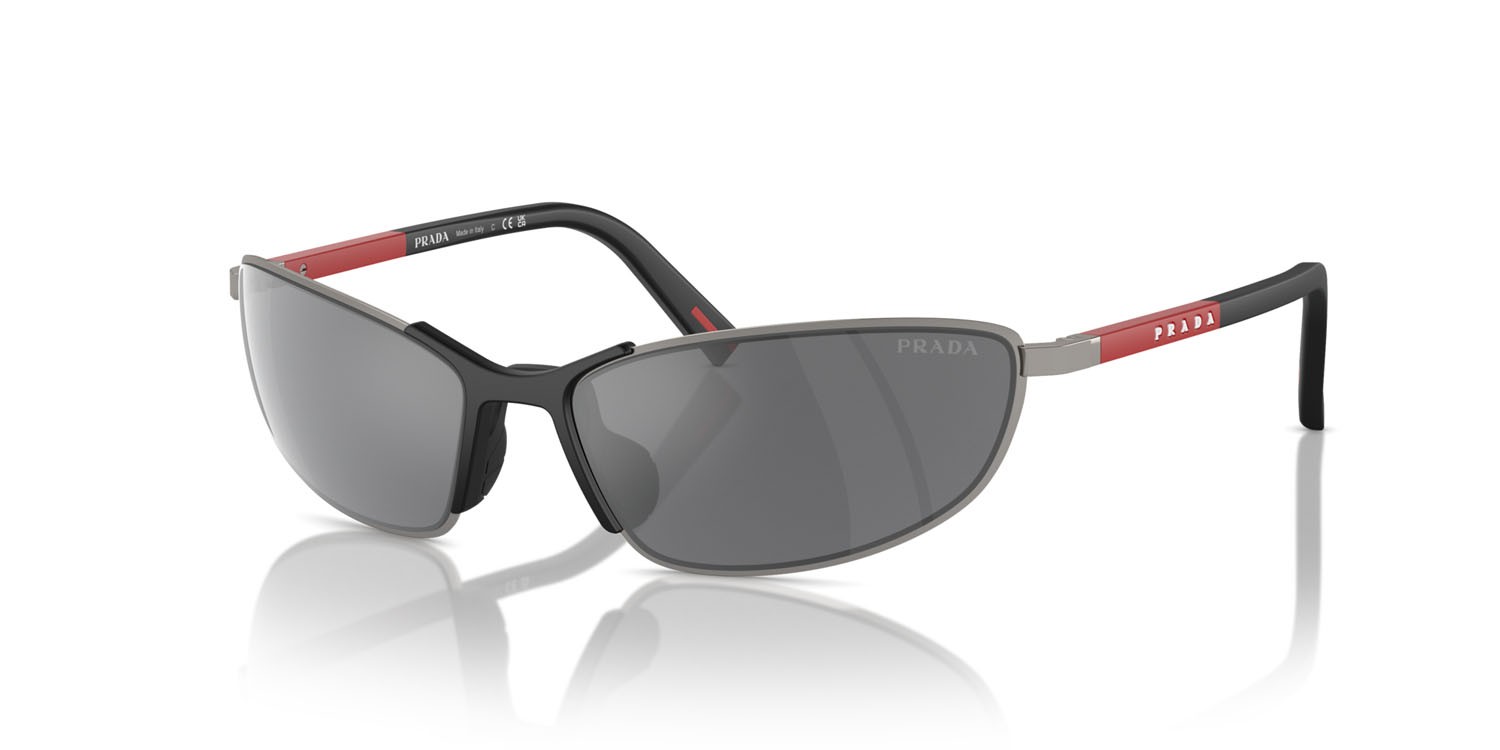 Occhiali da sole Prada Linea Rossa PS 55ZS (5AV07G) colore gunmetal forma irregolare lenti grigio nero specchiato