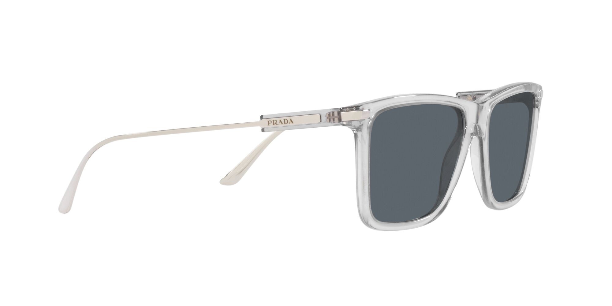 Sunglasses Prada PR 01ZS (U430A9) color grigio trasparente shape rectangle lenses blu