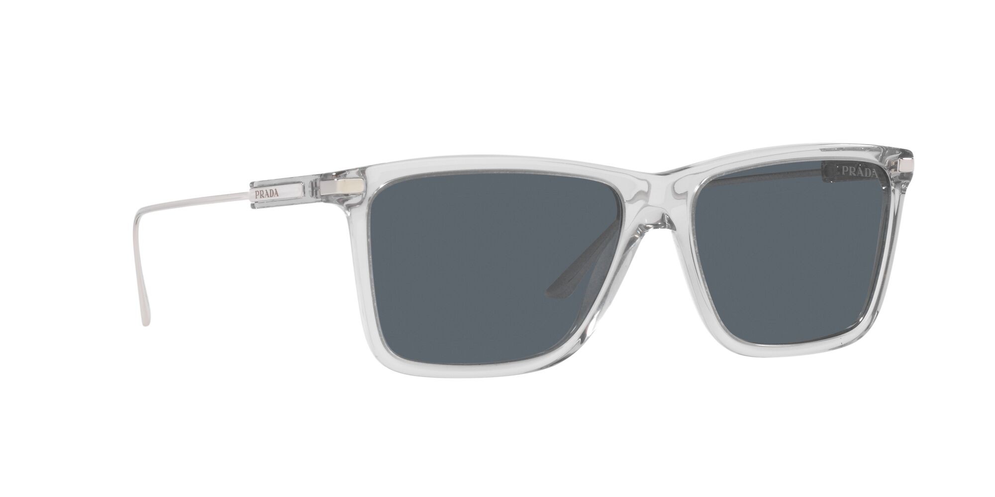 Sunglasses Prada PR 01ZS (U430A9) color grigio trasparente shape rectangle lenses blu