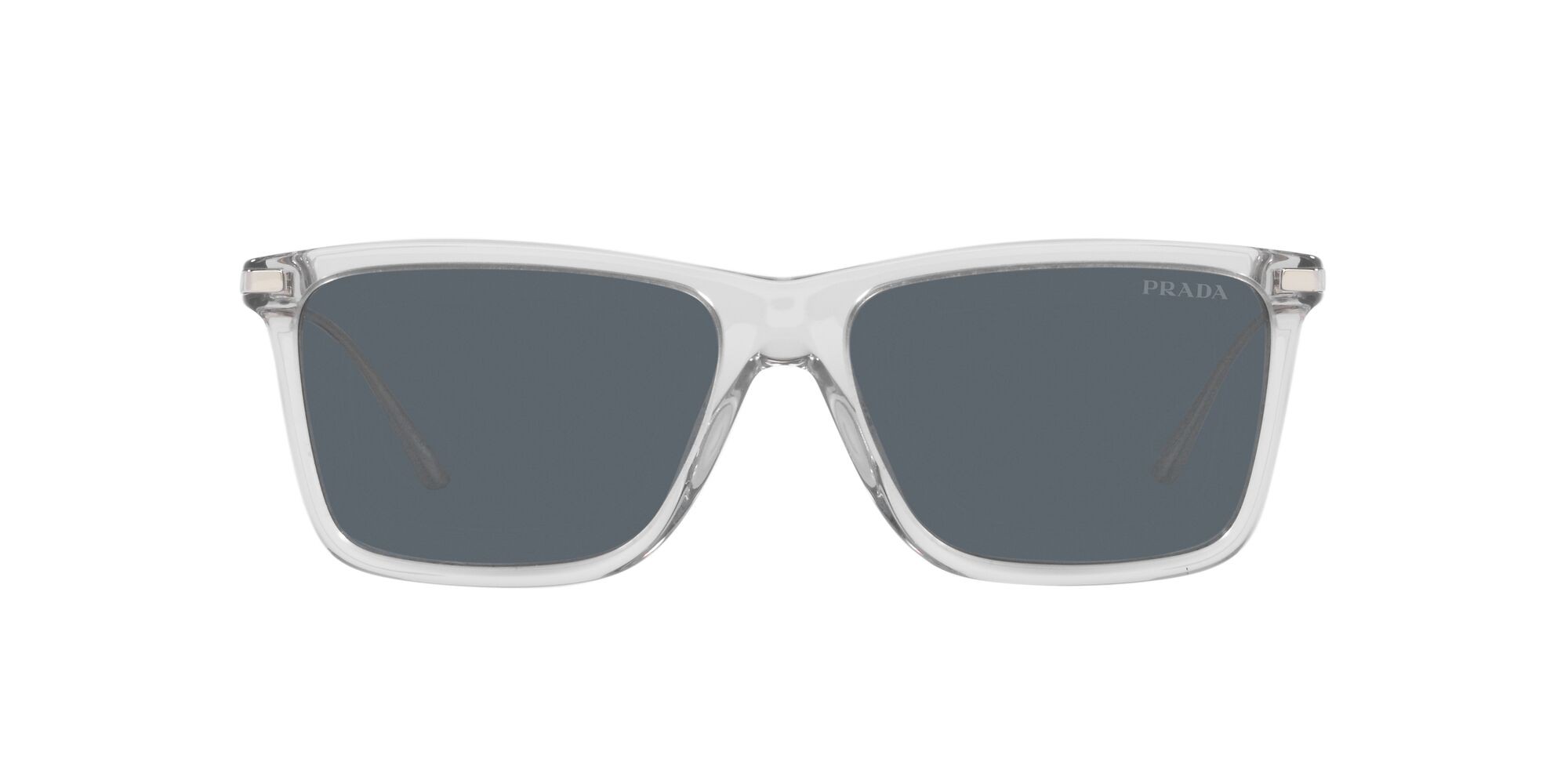 Sunglasses Prada PR 01ZS (U430A9) color grigio trasparente shape rectangle lenses blu
