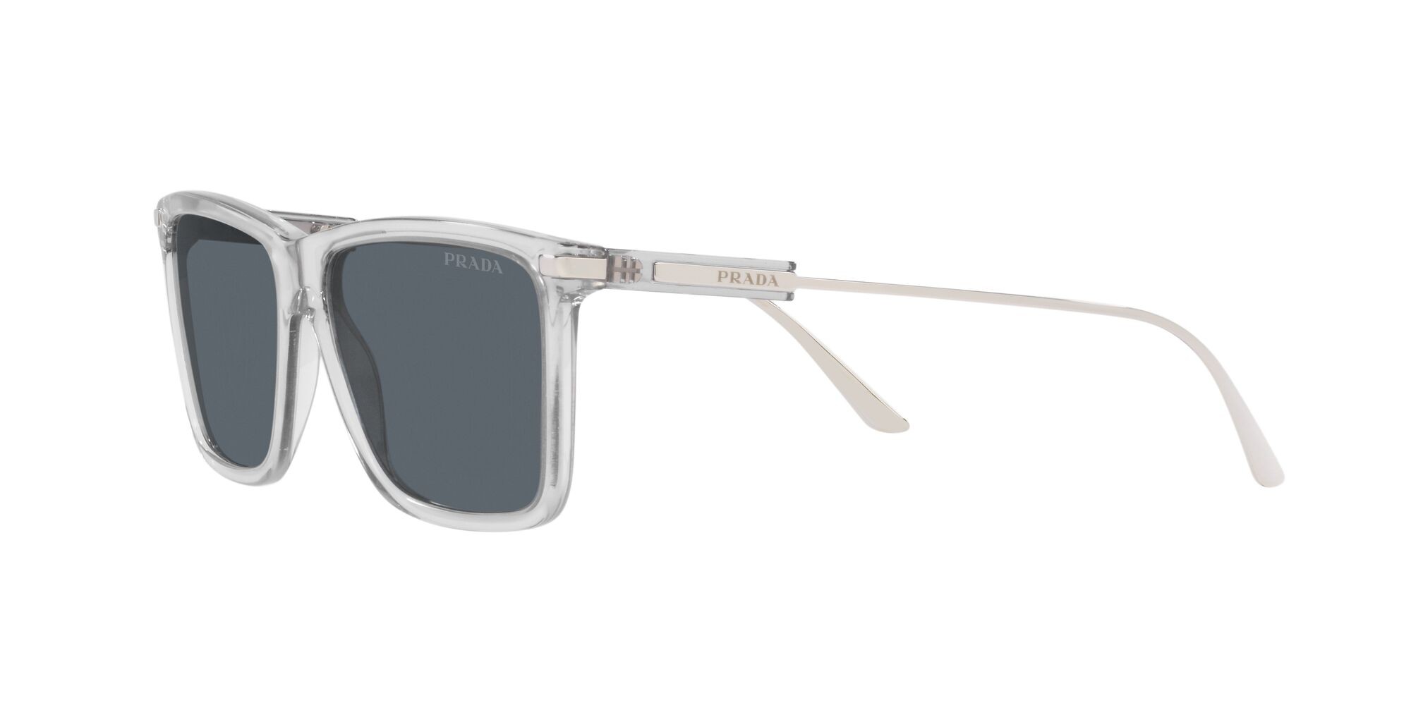 Sunglasses Prada PR 01ZS (U430A9) color grigio trasparente shape rectangle lenses blu