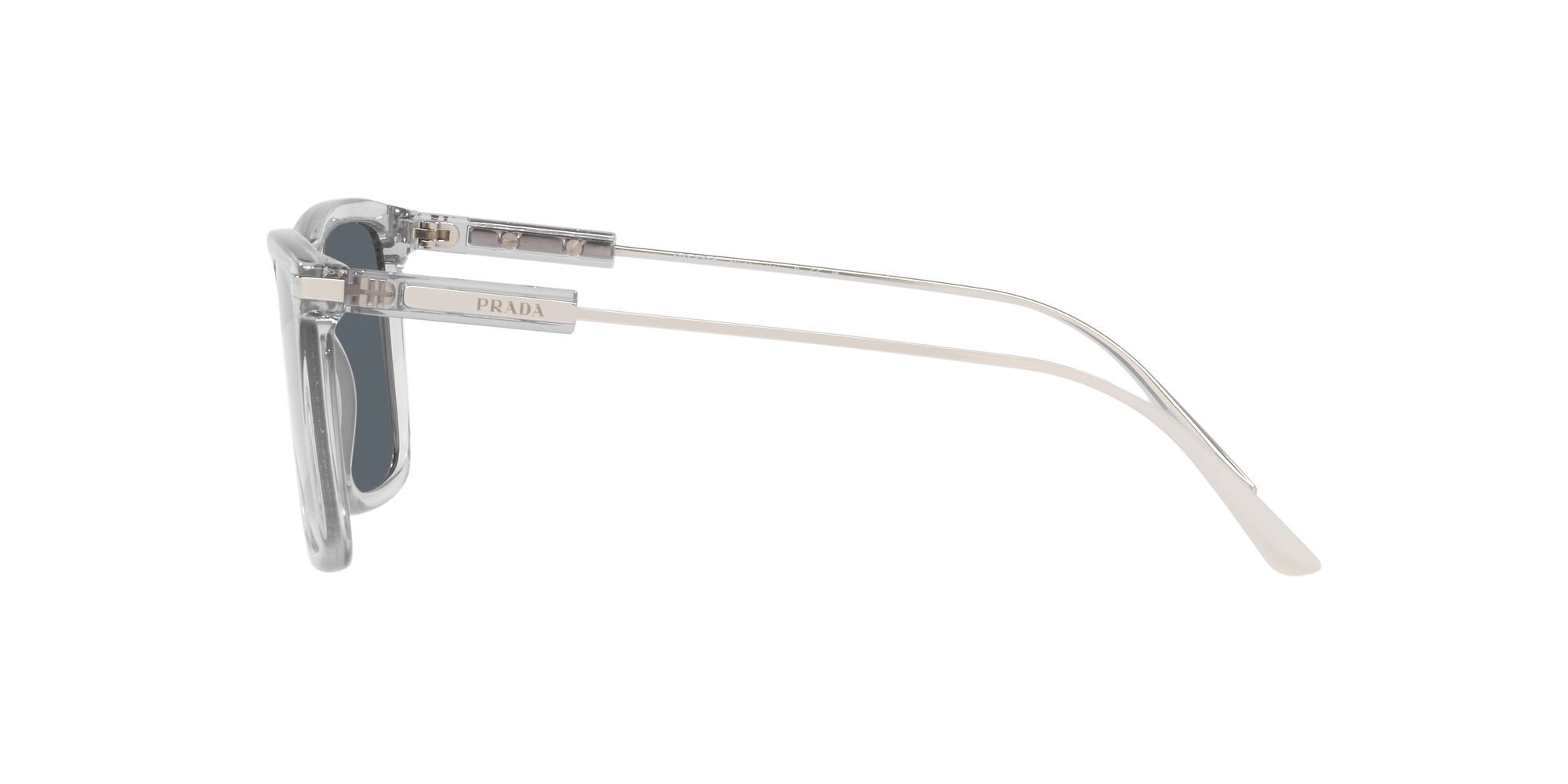 Sunglasses Prada PR 01ZS (U430A9) color grigio trasparente shape rectangle lenses blu