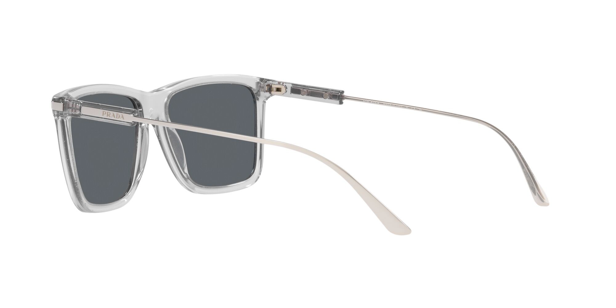 Sunglasses Prada PR 01ZS (U430A9) color grigio trasparente shape rectangle lenses blu