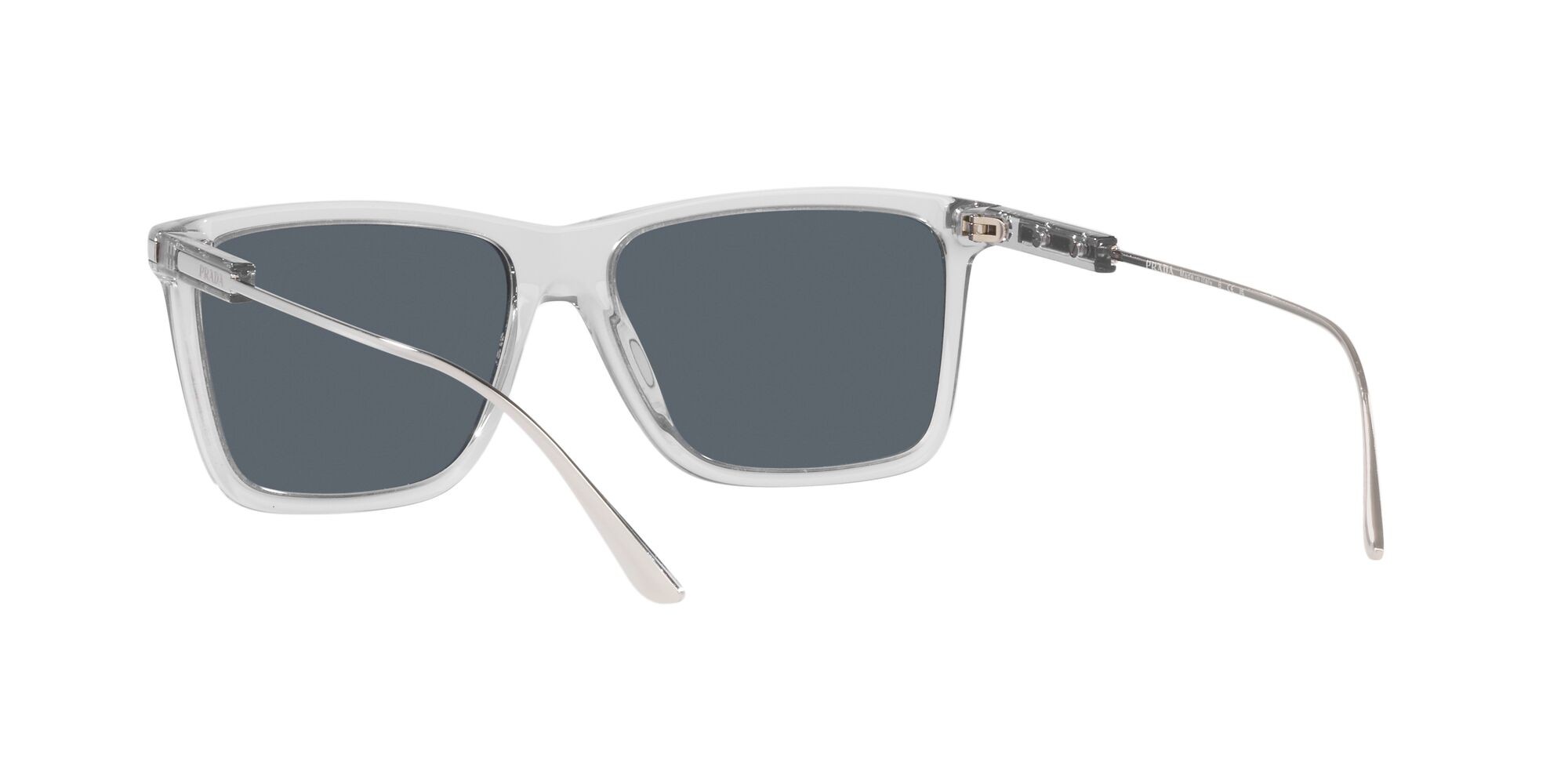 Sunglasses Prada PR 01ZS (U430A9) color grigio trasparente shape rectangle lenses blu