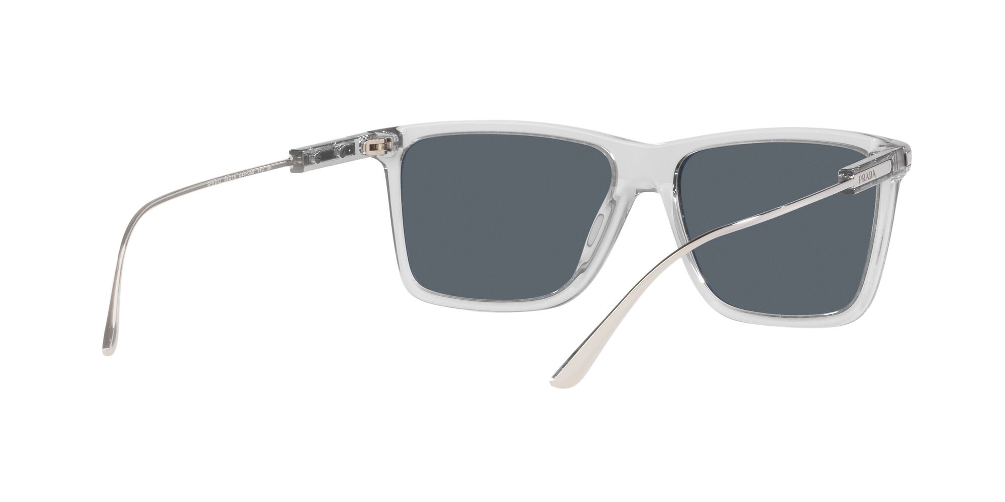 Sunglasses Prada PR 01ZS (U430A9) color grigio trasparente shape rectangle lenses blu
