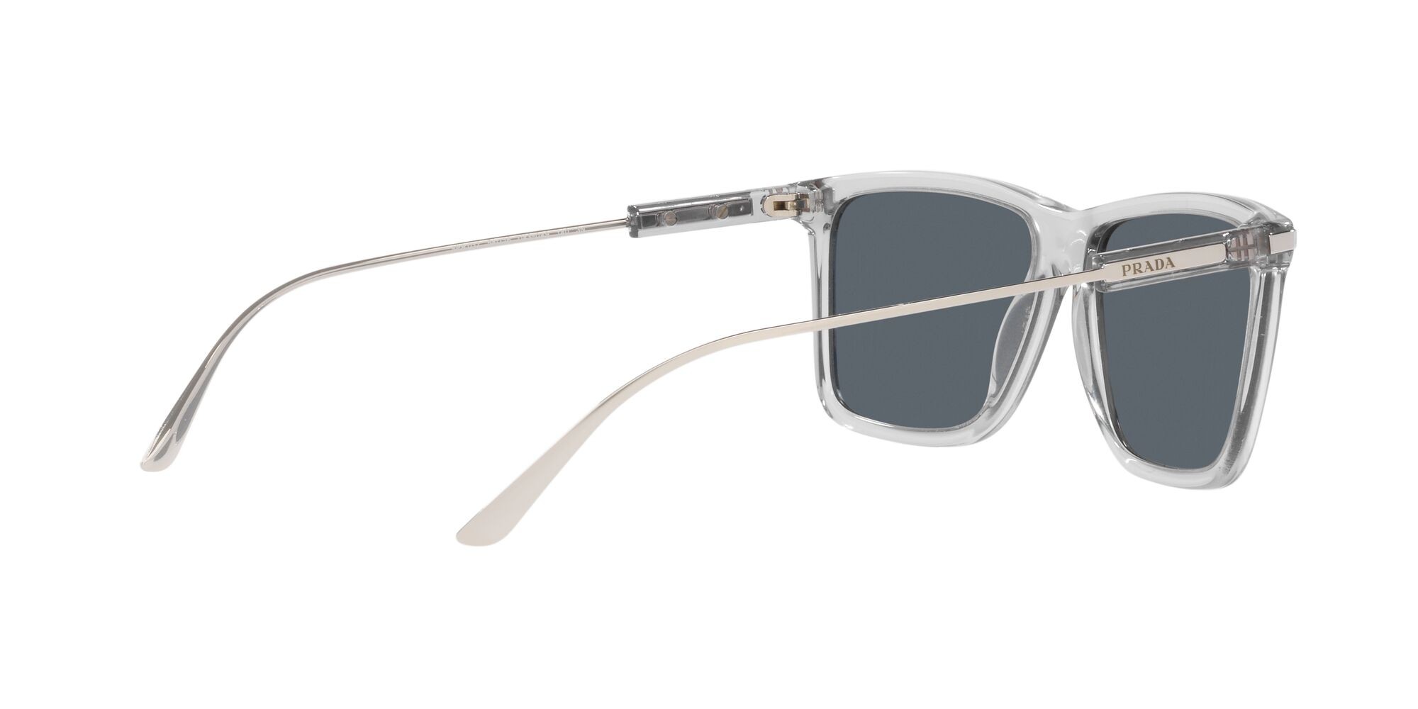 Sunglasses Prada PR 01ZS (U430A9) color grigio trasparente shape rectangle lenses blu
