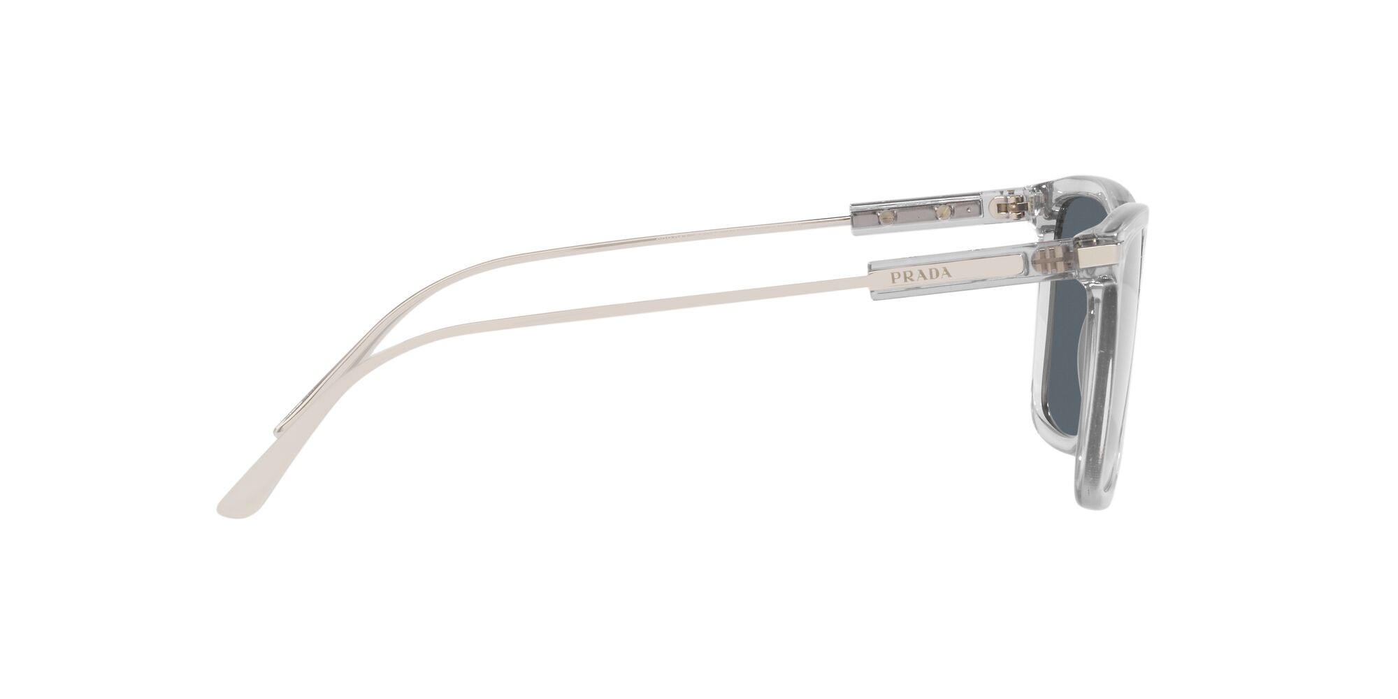 Sunglasses Prada PR 01ZS (U430A9) color grigio trasparente shape rectangle lenses blu