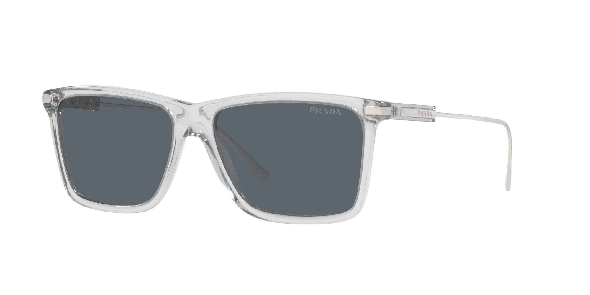 Sunglasses Prada PR 01ZS (U430A9) color grigio trasparente shape rectangle lenses blu