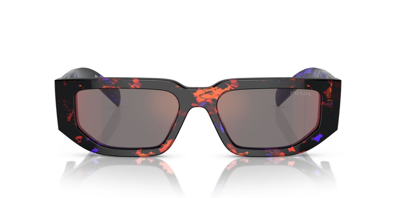 Occhiali da sole Prada PR 09ZS (06V40E) colore motivo astratto arancione forma rettangolare lenti grigio scuro specchiato blu/rosso