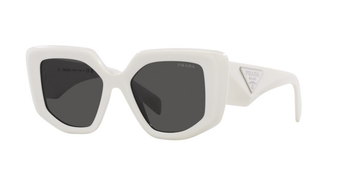 Sunglasses Prada PR 14ZS (1425S0) color bianco talco shape irregular lenses grigio scuro