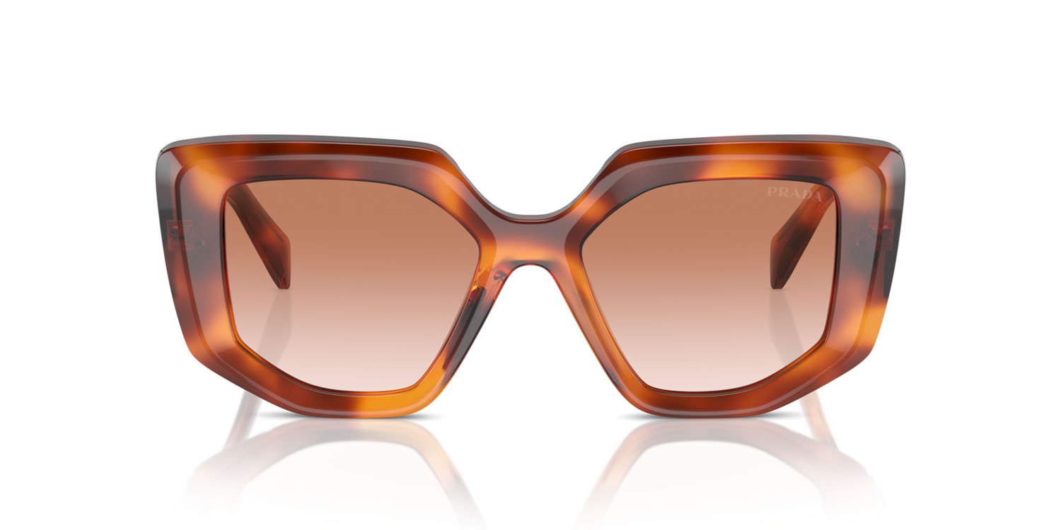 Sunglasses Prada PR 14ZS (18R70E) color cognac tartarugato shape irregular lenses marrone sfumato