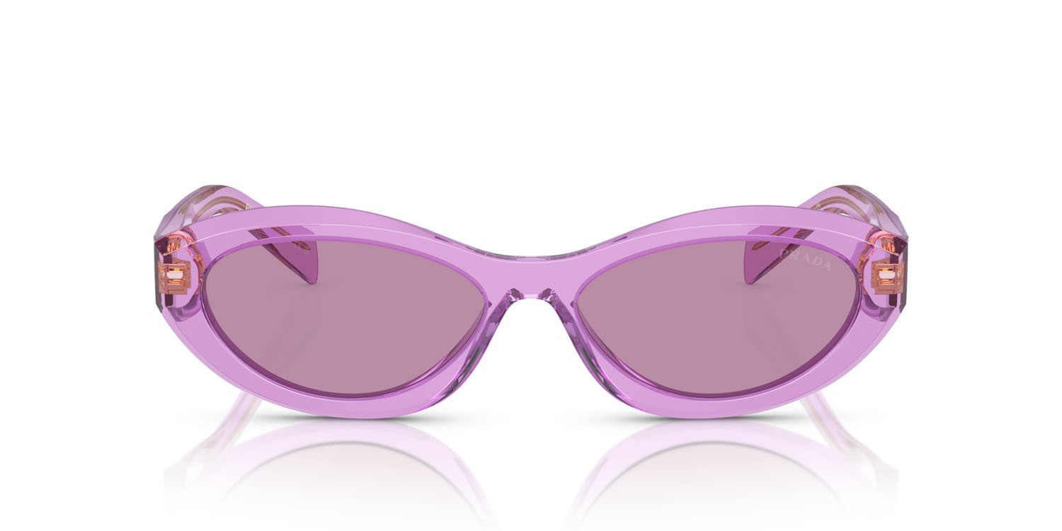 Occhiali da sole Prada PR 26ZS (13R07Q) colore ametista trasparente forma irregolare lenti violetto scuro con specchiatura argento interna