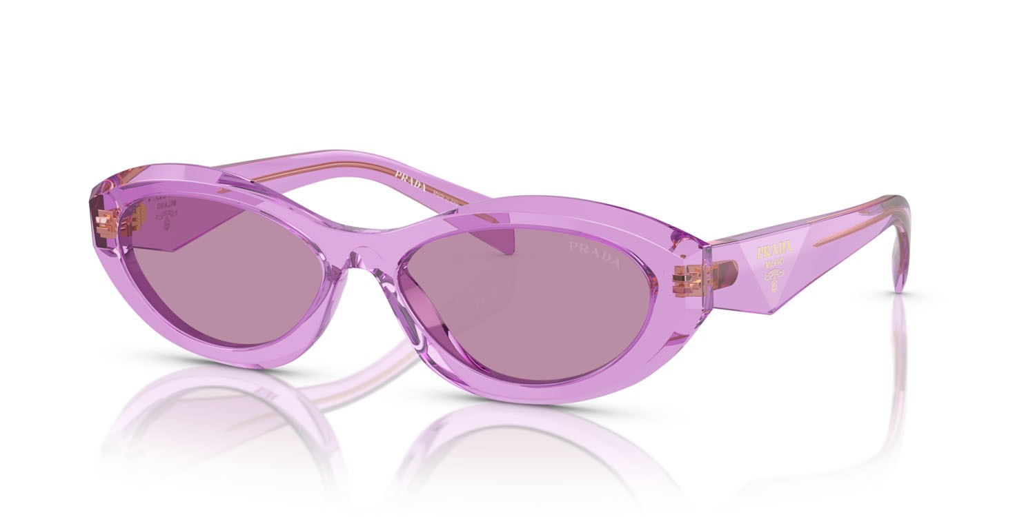 Occhiali da sole Prada PR 26ZS (13R07Q) colore ametista trasparente forma irregolare lenti violetto scuro con specchiatura argento interna