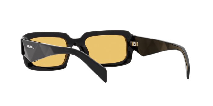 Sunglasses Prada PR 27ZS (16K70A) color nero shape irregular lenses giallo