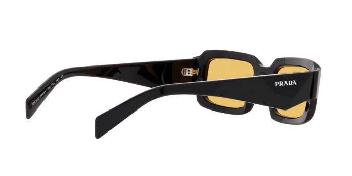 Sunglasses Prada PR 27ZS (16K70A) color nero shape irregular lenses giallo