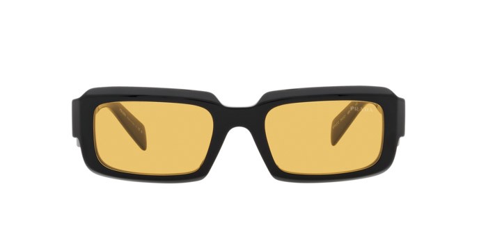 Sunglasses Prada PR 27ZS (16K70A) color nero shape irregular lenses giallo