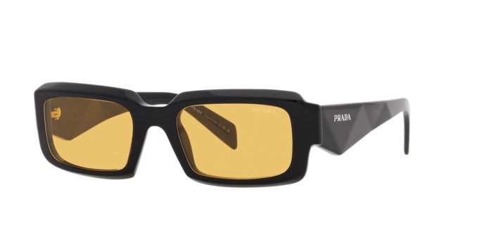 Sunglasses Prada PR 27ZS (16K70A) color nero shape irregular lenses giallo
