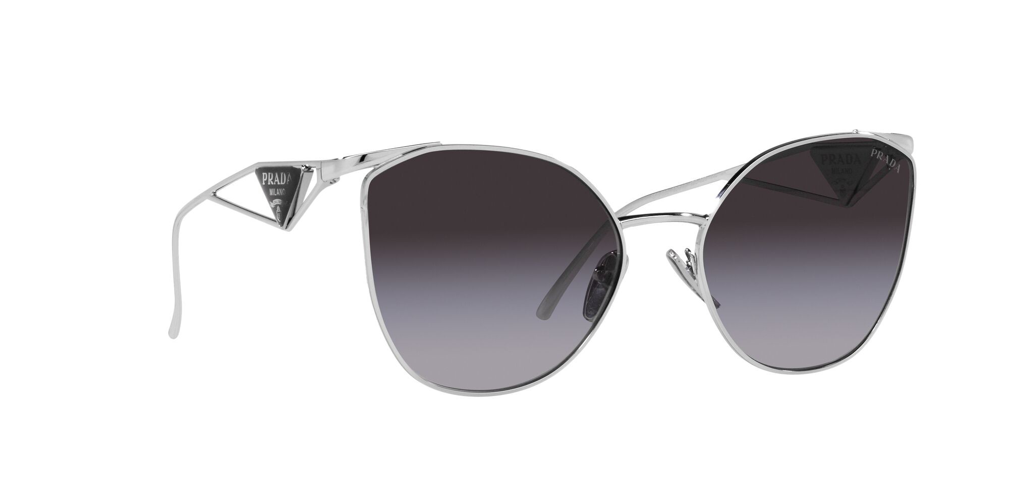 Sunglasses Prada PR 50ZS (1BC09S) color argento shape irregular lenses sfumato grigio