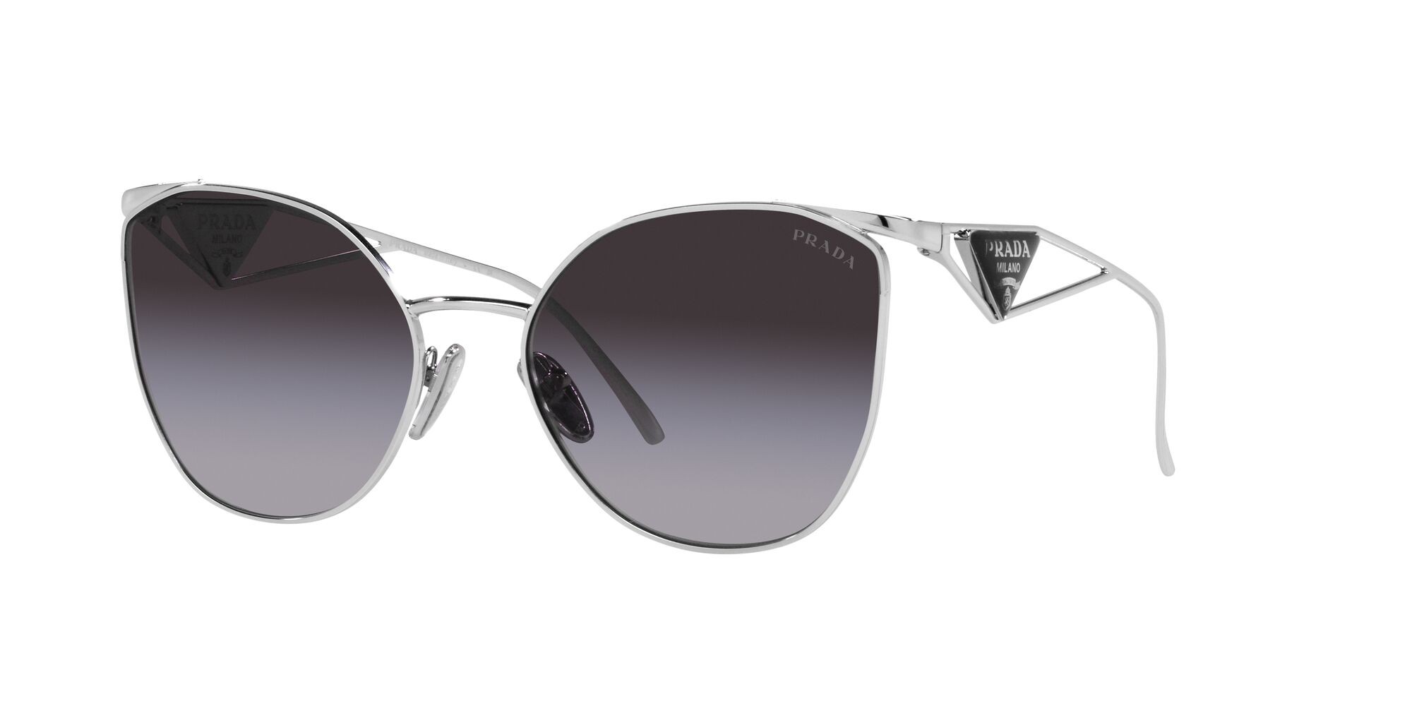 Sunglasses Prada PR 50ZS (1BC09S) color argento shape irregular lenses sfumato grigio