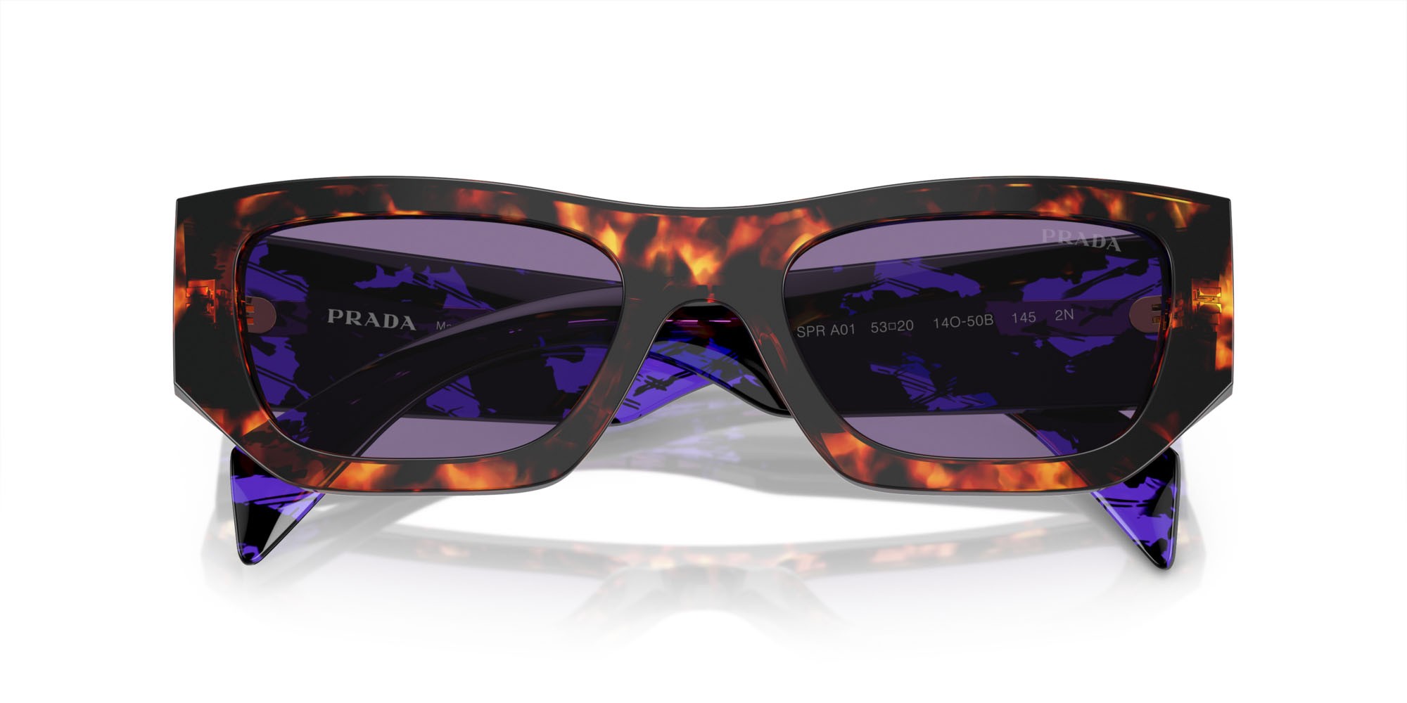 Sunglasses Prada PR A01S (14O50B) color havana shape square lenses violetto con specchiatura argento interna