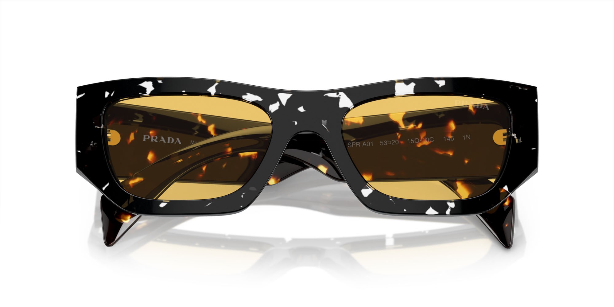 Occhiali da sole Prada PR A01S (15O10C) colore nero trasparente havana forma quadrato lenti giallo