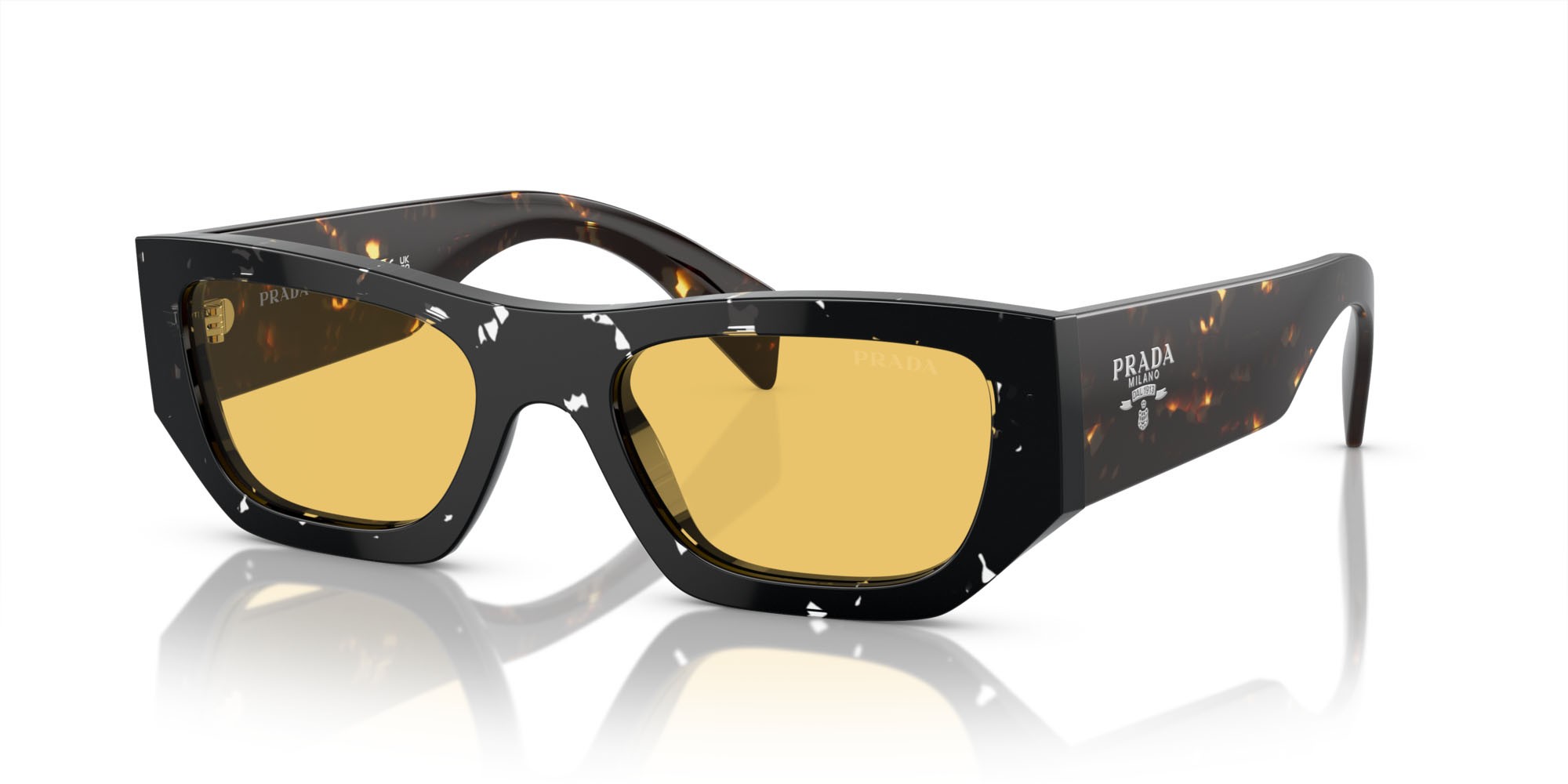 Occhiali da sole Prada PR A01S (15O10C) colore nero trasparente havana forma quadrato lenti giallo