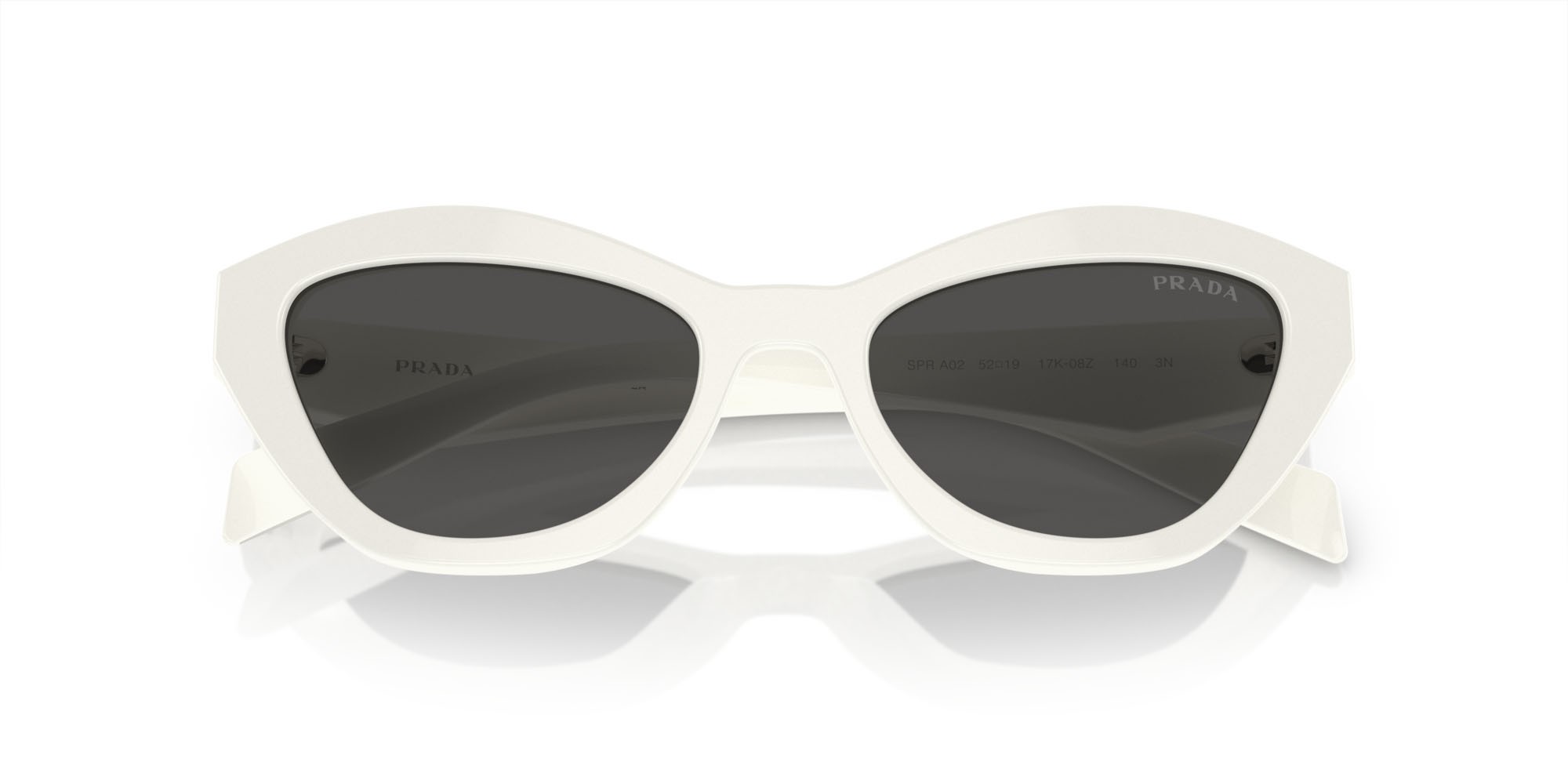 Occhiali da sole Prada PR A02S (17K08Z) colore bianco forma farfalla lenti grigio scuro
