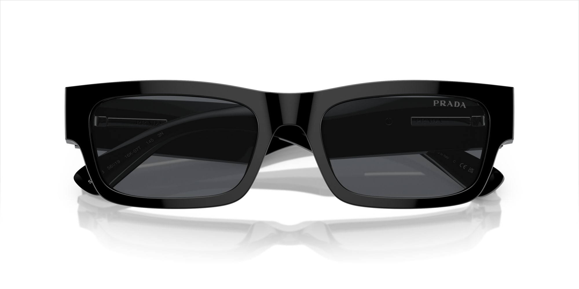 Occhiali da sole Prada PR A03S (16K07T) colore nero forma rettangolare lenti blu vintage