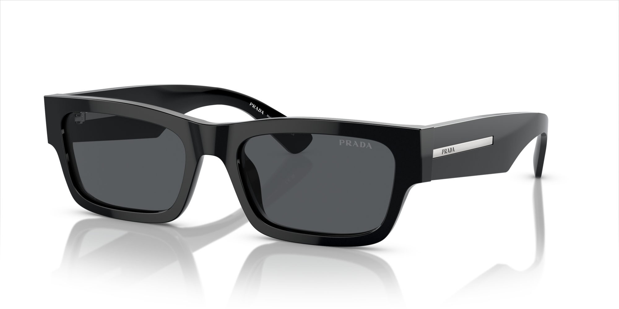 Occhiali da sole Prada PR A03S (16K07T) colore nero forma rettangolare lenti blu vintage