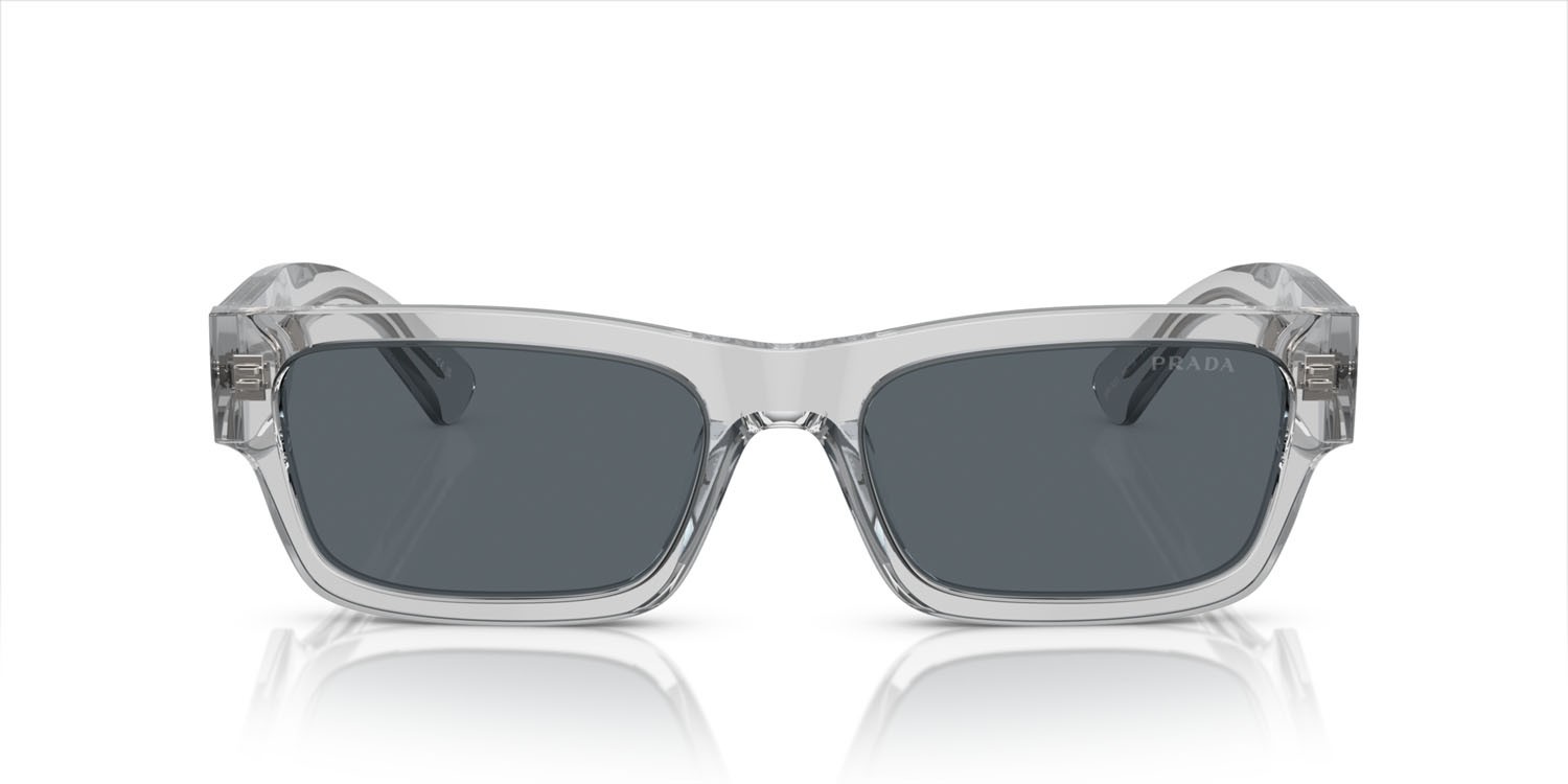 Occhiali da sole Prada PR A03S (17P0A9) colore grigio crystal forma rettangolare lenti blu