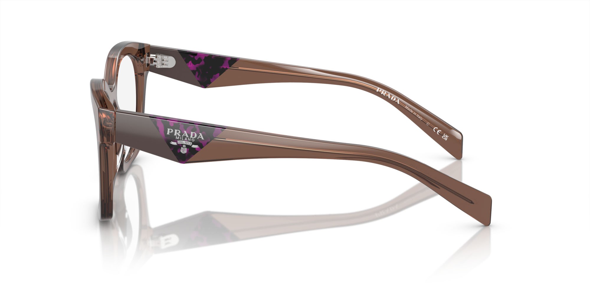 Eyeglasses Prada PR A05V (17O1O1) color marrone trasparente shape irregular lenses lente demo