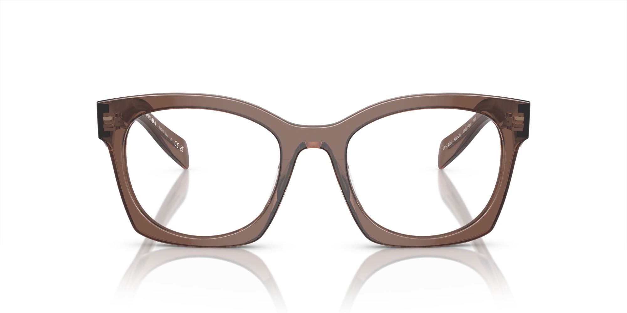 Eyeglasses Prada PR A05V (17O1O1) color marrone trasparente shape irregular lenses lente demo