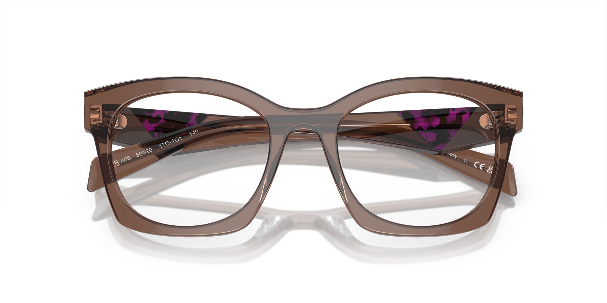 Eyeglasses Prada PR A05V (17O1O1) color marrone trasparente shape irregular lenses lente demo