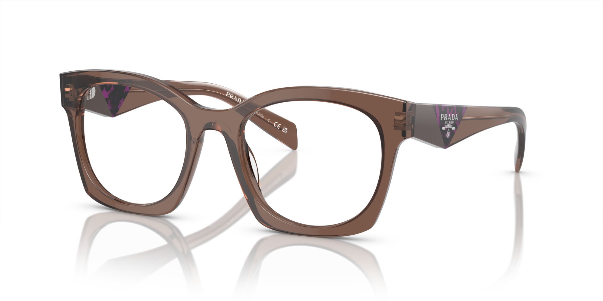 Eyeglasses Prada PR A05V (17O1O1) color marrone trasparente shape irregular lenses lente demo