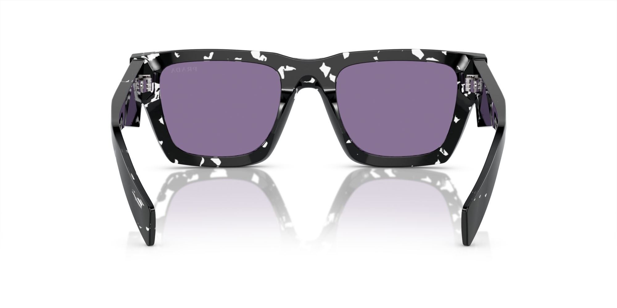 Occhiali da sole Prada PR A06S (15O50B) colore cristallo nero tartarugato forma quadrato lenti violetto con specchiatura argento interna