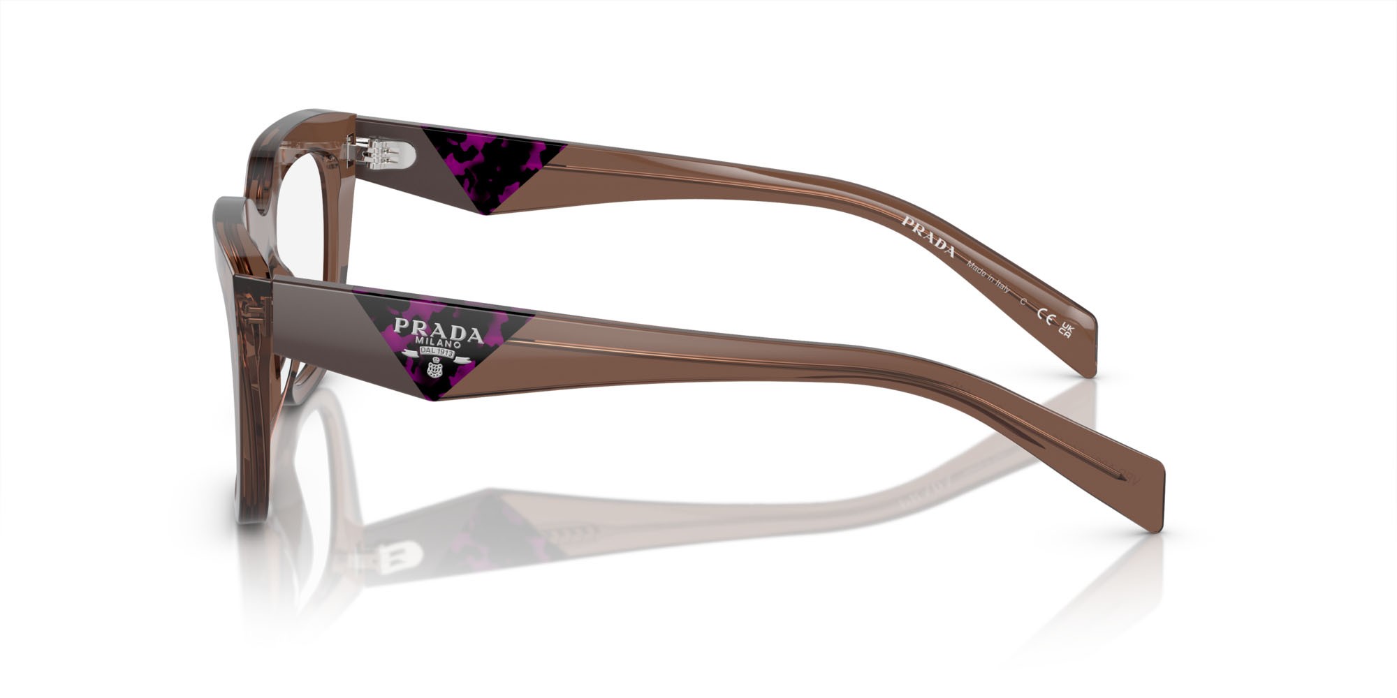 Eyeglasses Prada PR A06V (17O1O1) color marrone trasparente shape irregular lenses lente demo