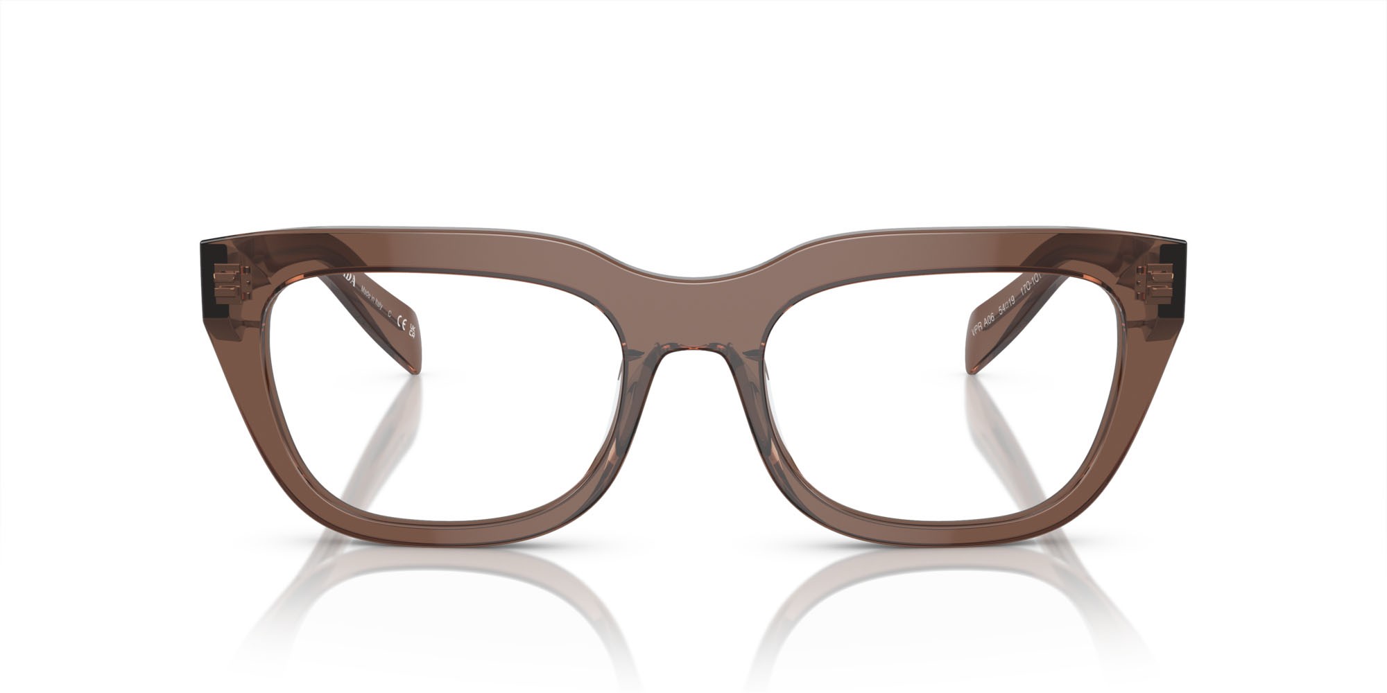 Eyeglasses Prada PR A06V (17O1O1) color marrone trasparente shape irregular lenses lente demo