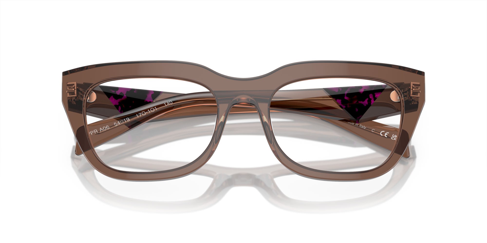 Eyeglasses Prada PR A06V (17O1O1) color marrone trasparente shape irregular lenses lente demo