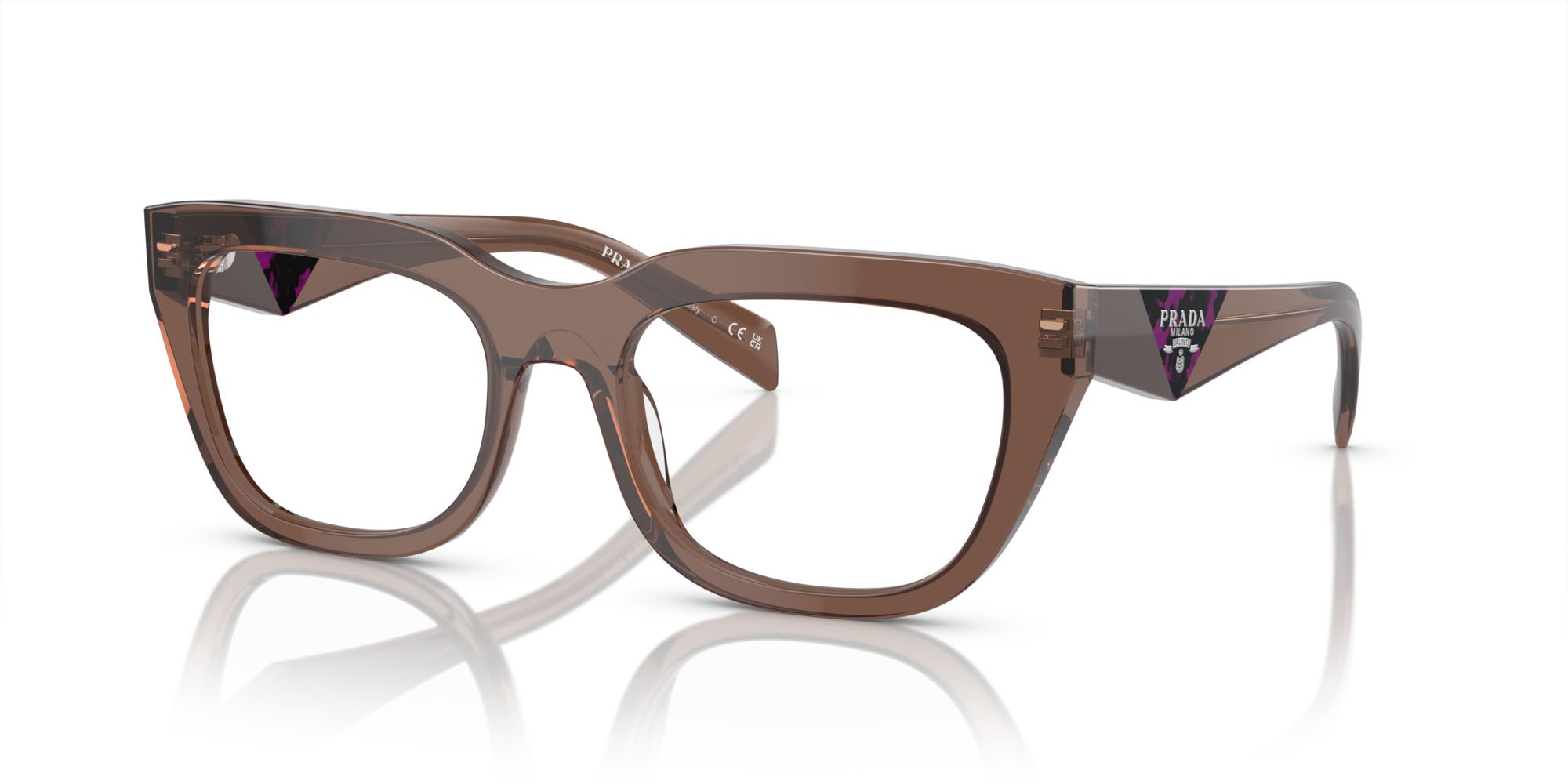 Eyeglasses Prada PR A06V (17O1O1) color marrone trasparente shape irregular lenses lente demo