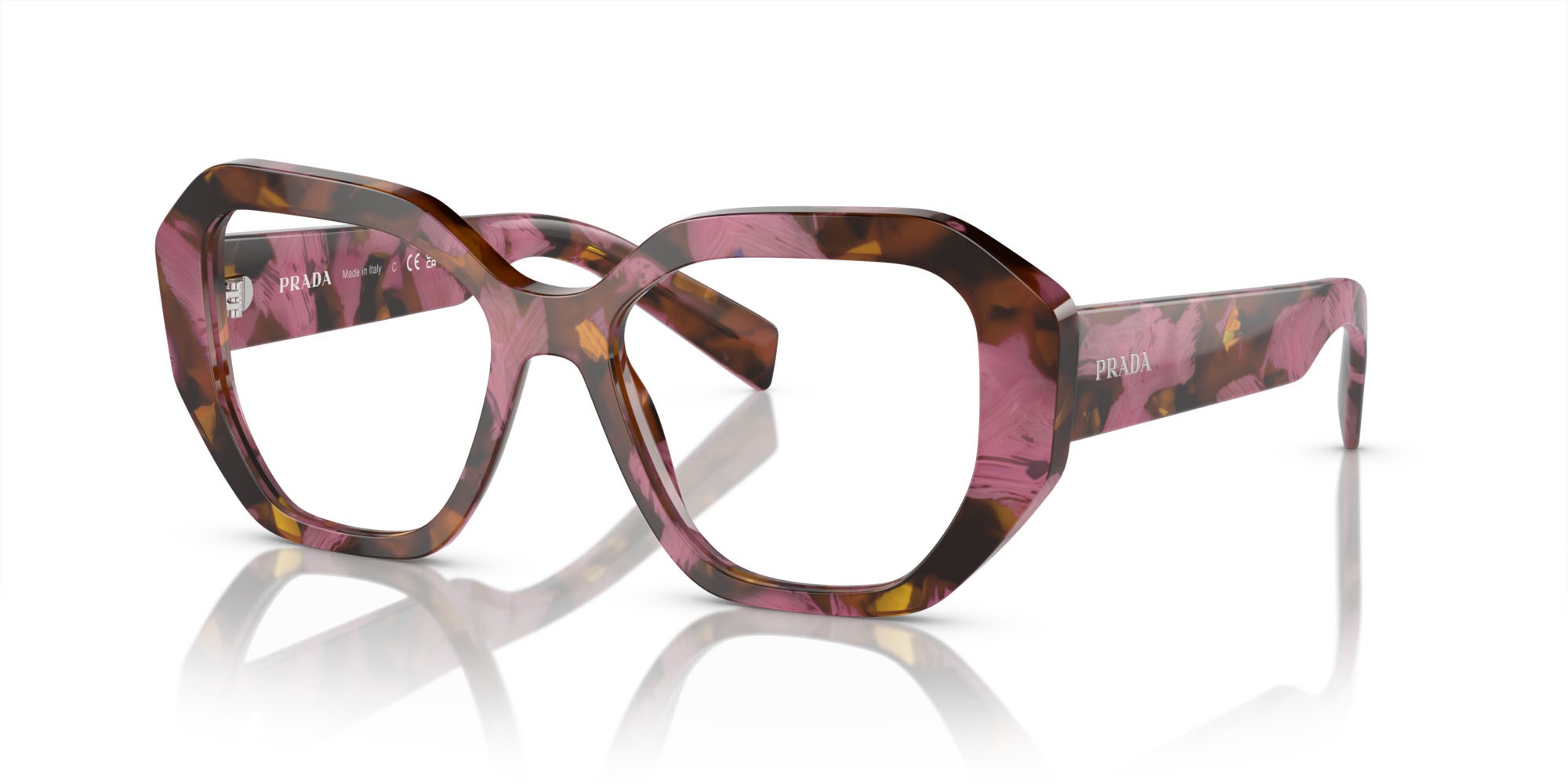 Eyeglasses Prada PR A07V (18N1O1) color havana cognac shape irregular lenses lente demo