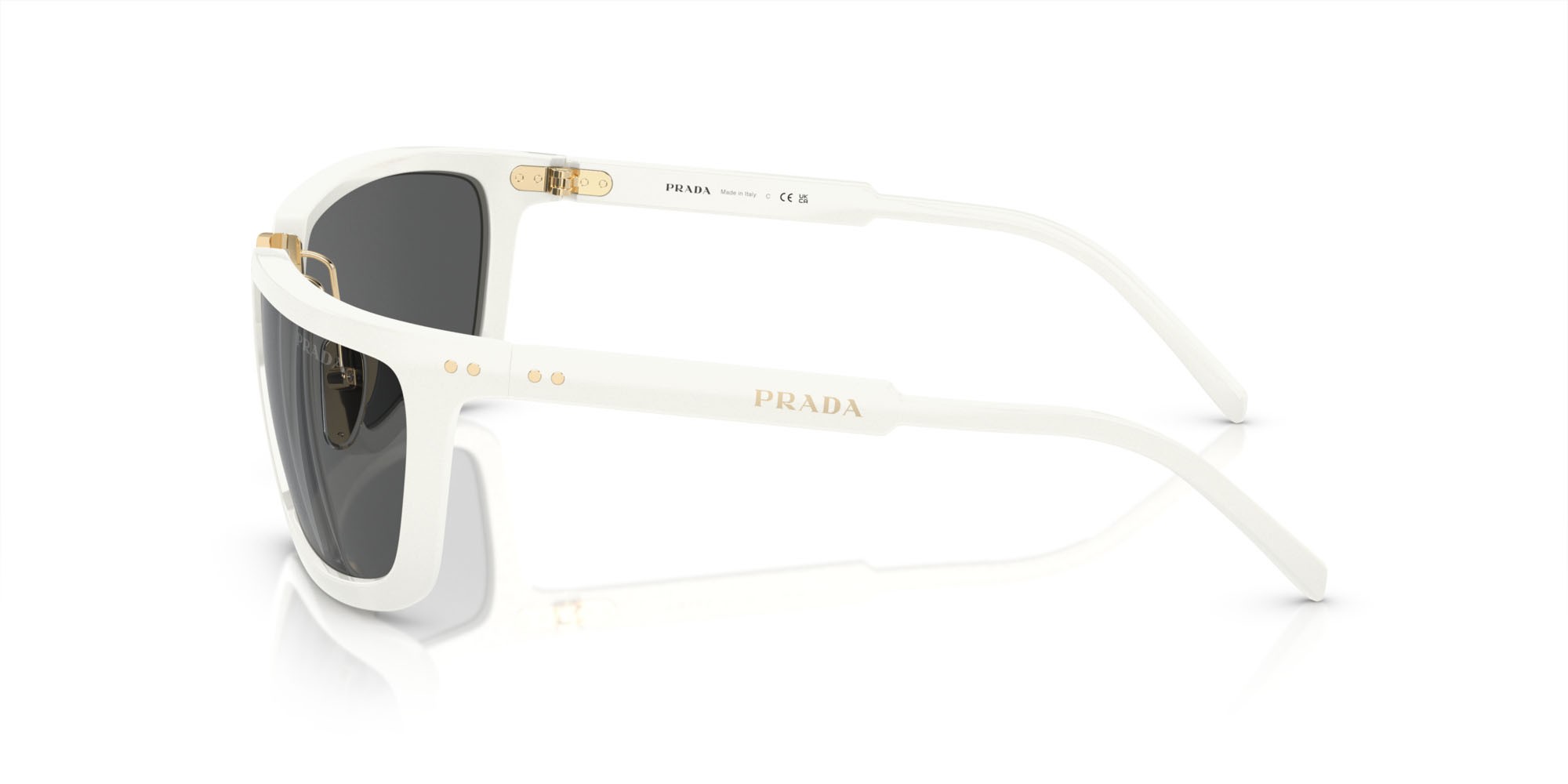 Occhiali da sole Prada PR A11S (4615S0) colore bianco forma irregolare lenti grigio scuro