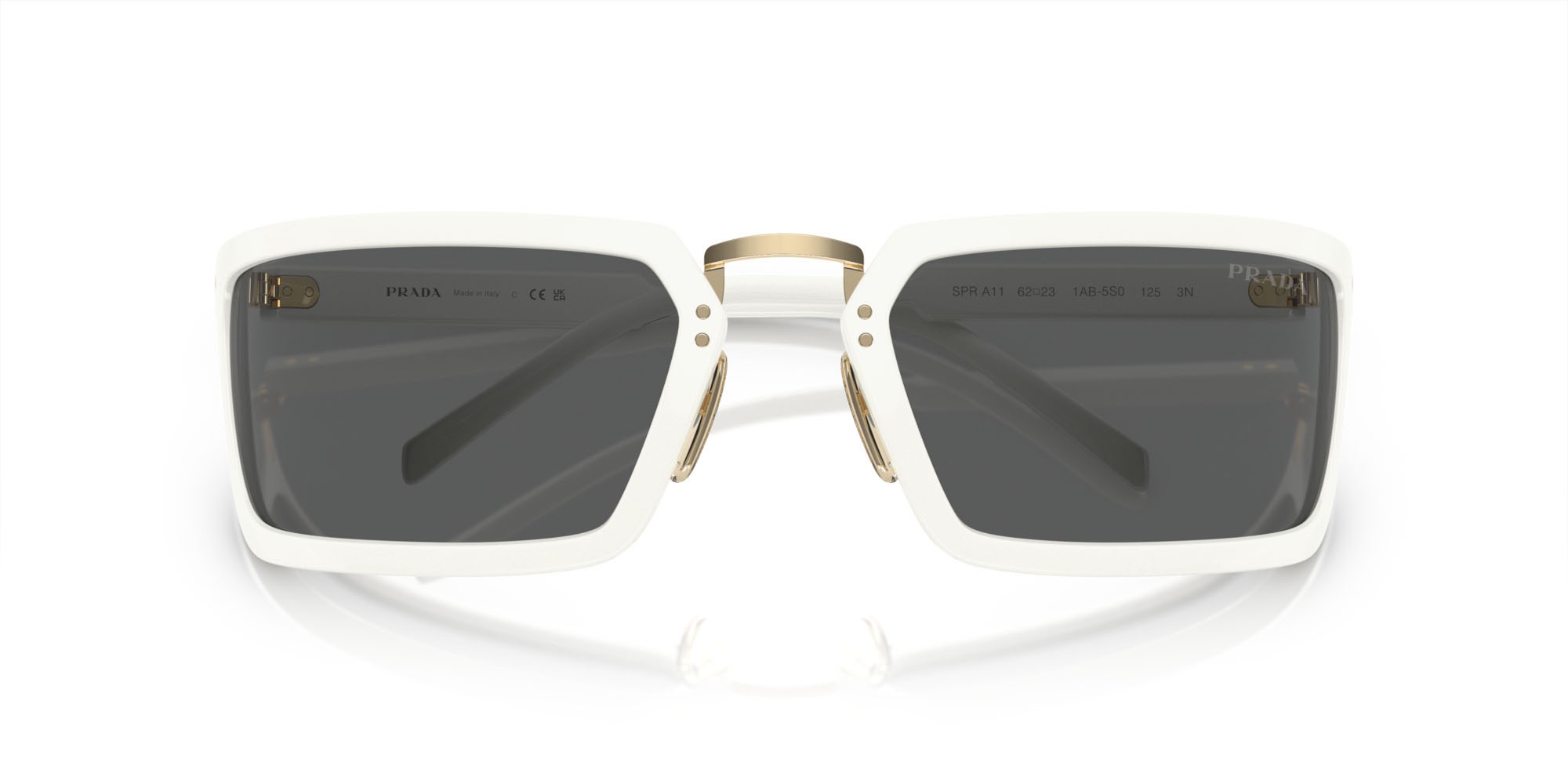 Occhiali da sole Prada PR A11S (4615S0) colore bianco forma irregolare lenti grigio scuro